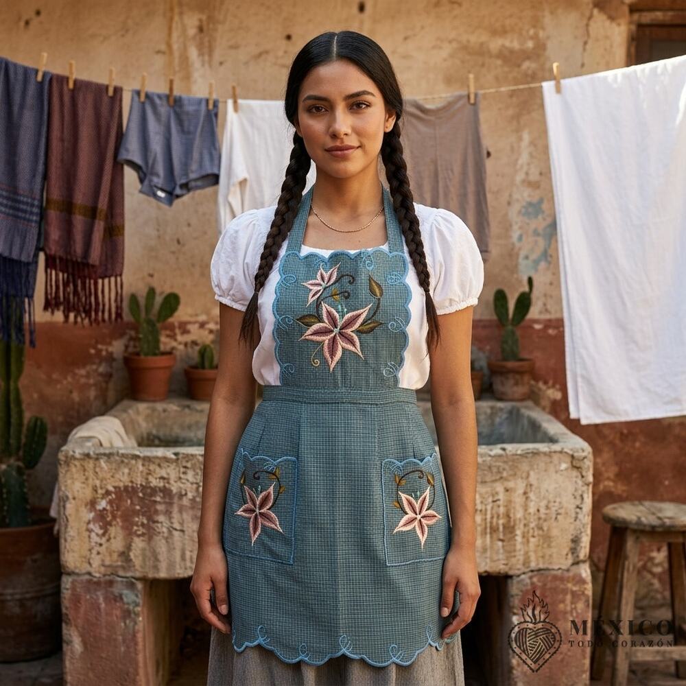 Mexican Embroidered Bib Apron for Women – Multicolor with Floral Design
